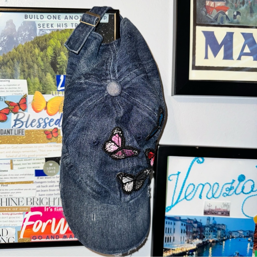 Denim Butterfly Embroidered Distressed Cap